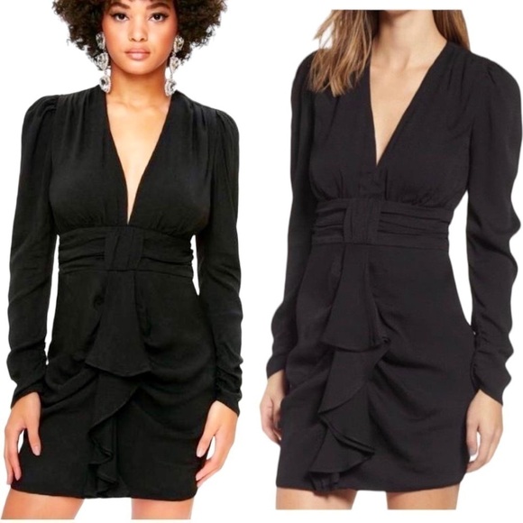 Afrm × REVOLVE avalon puff sleeve deep v-neck mini dress cocktail black NEW - Picture 2 of 13